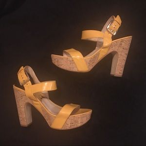 9.5 Michael Kors Yellow/Cork Heels *NEEDS REPAIR*